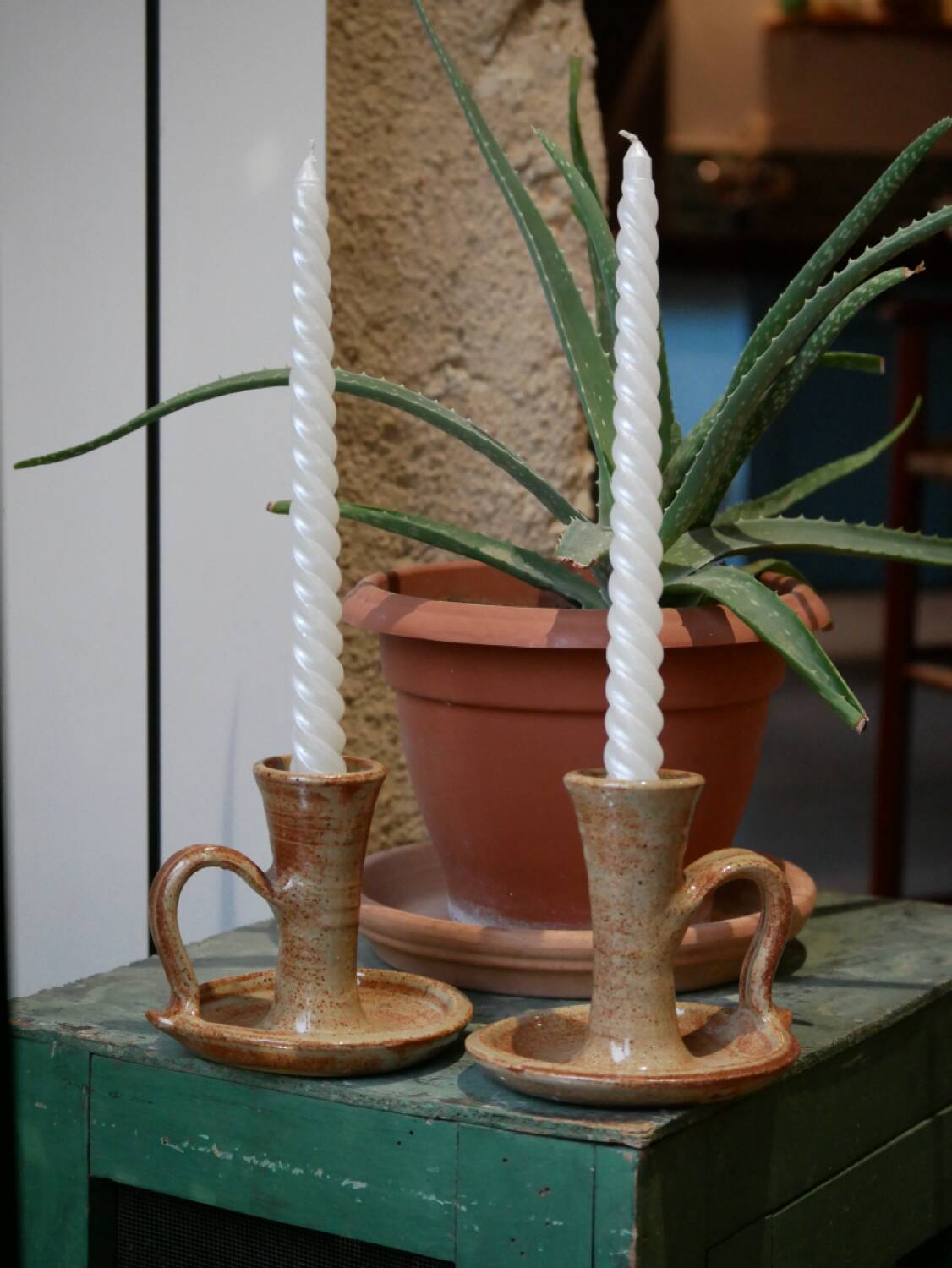 Stoneware candle holders - set of 2 (signed)
