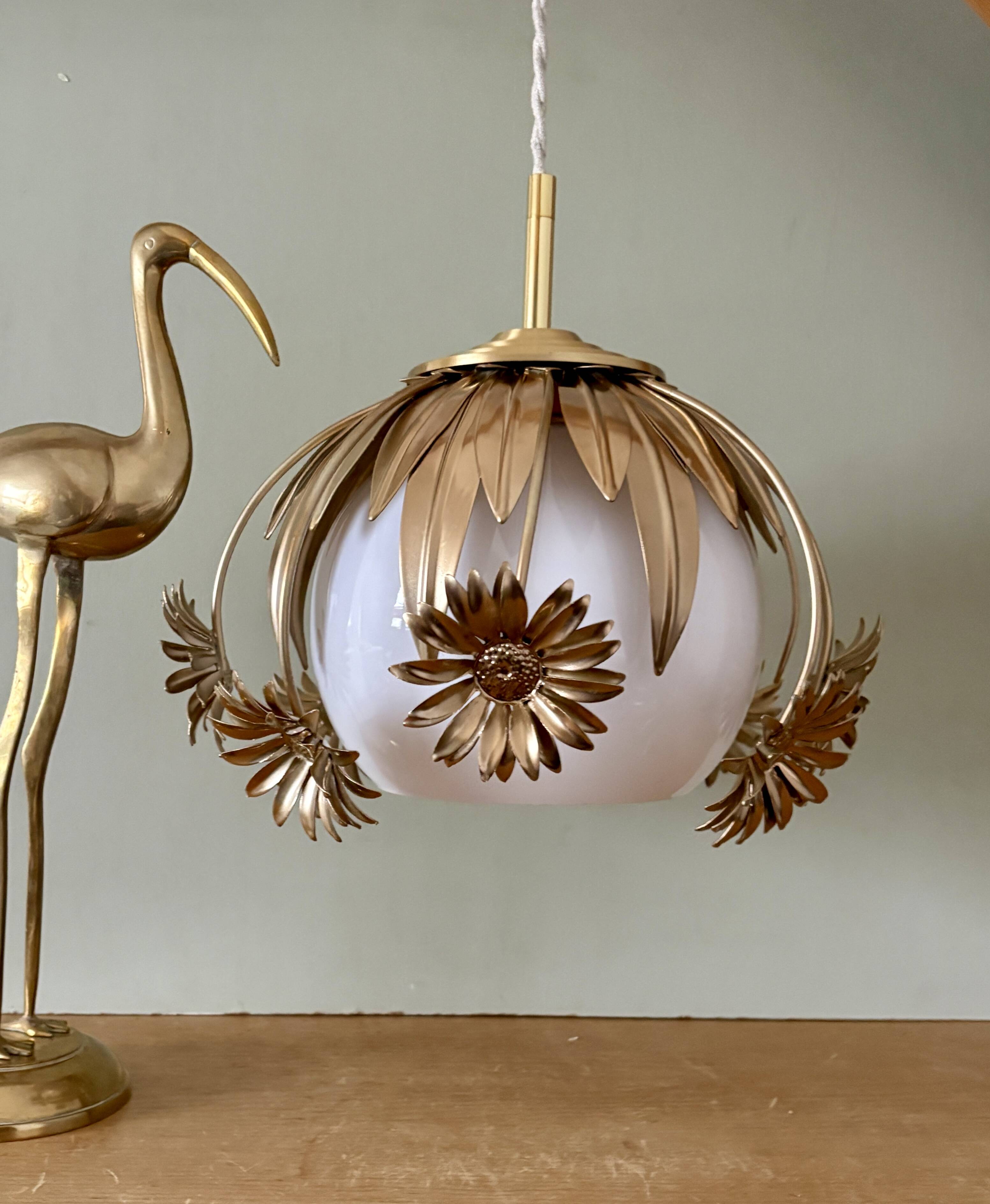 Pendant light in gilded metal and antique opaline globe