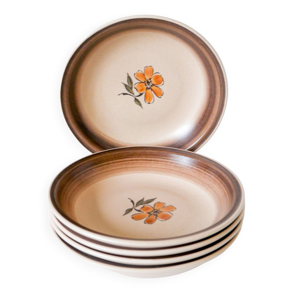 Lot de 5 assiettes creuses en grès Gien fleuries 1970