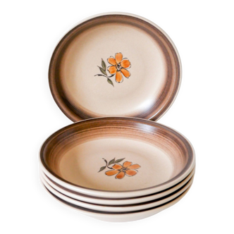 Set of 5 Gien stoneware soup plates with flowers 1970