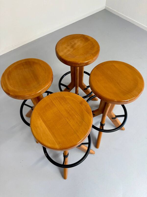 Lot 4 tabourets de bar en bois orme massif design années 70 vintage