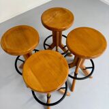 Set of 4 solid elm wood bar stools, vintage 70s design