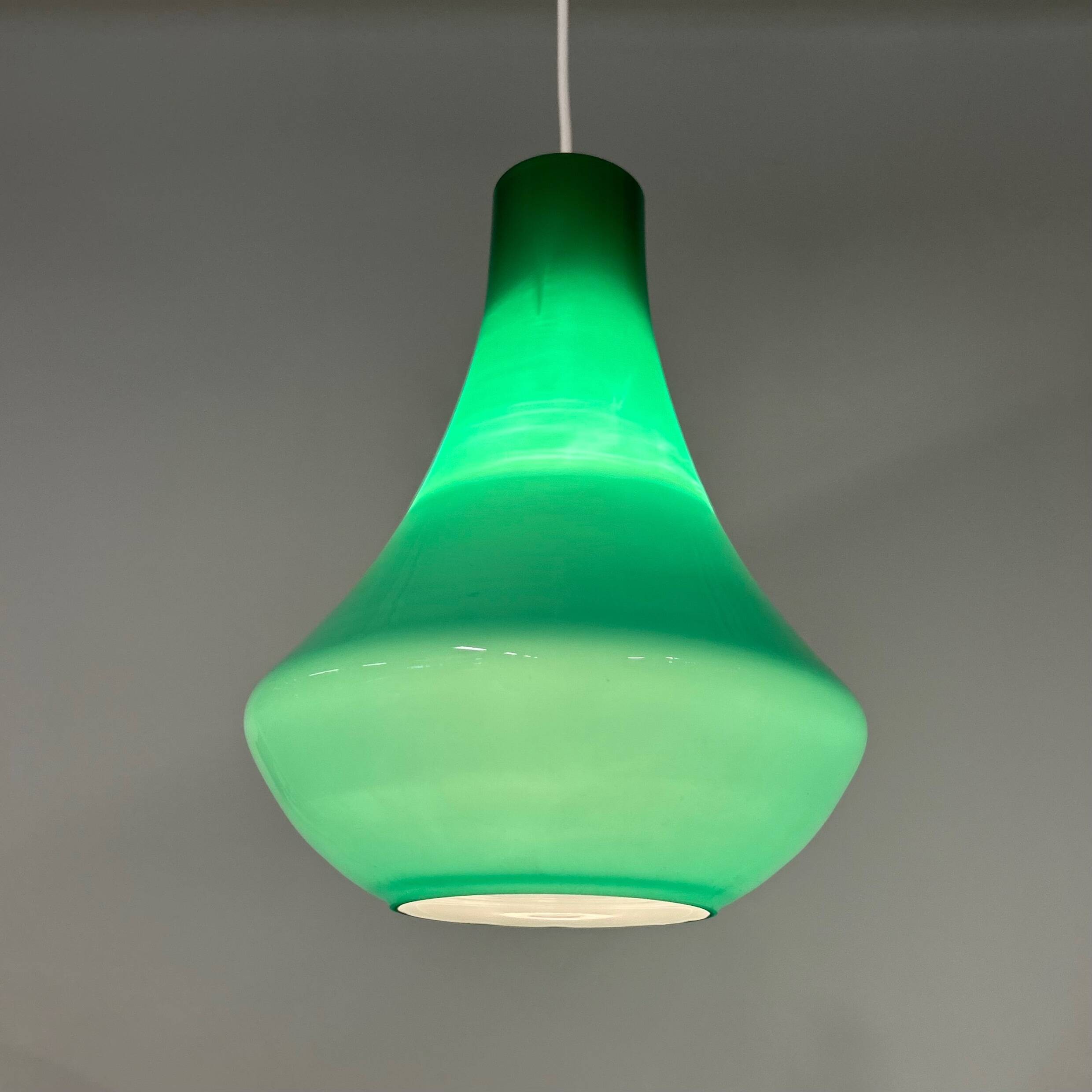 French Pendant Lamp in Green Opaline Glass, 1960s