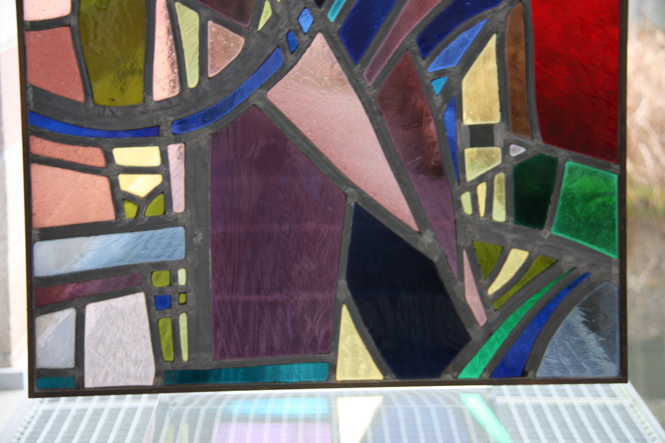 Multicolored stained glass window with hanging system - Germany - 1970's