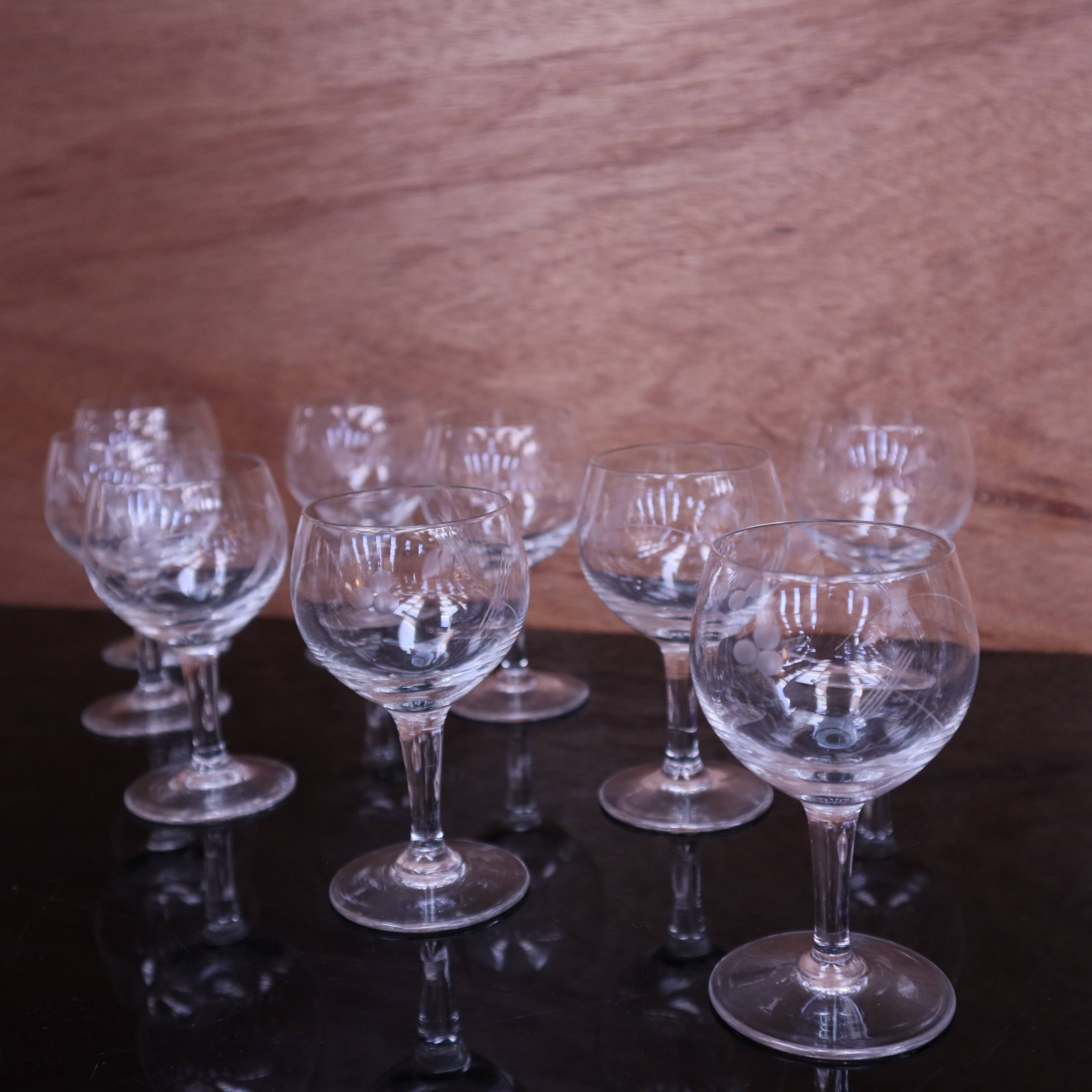 Set of 9 engraved vintage floral balloon white wine glasses.