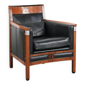 Black leather and wooden Art Deco armchair