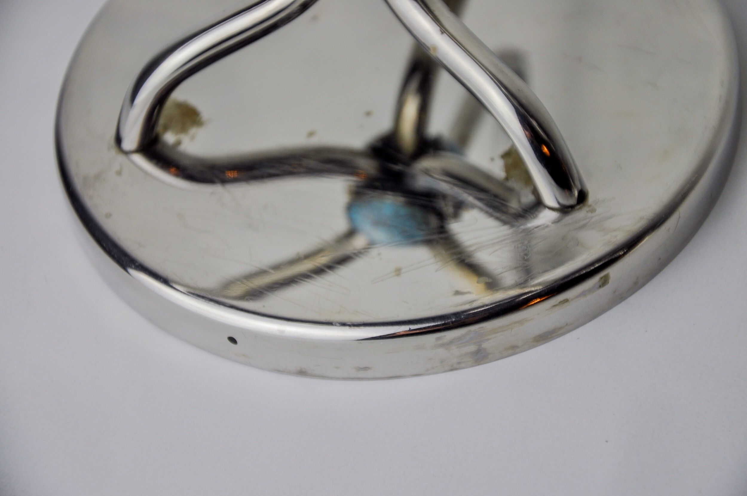 Pair of art deco candlesticks in stainless steel 3 flames and blue stones, Spain, 1970