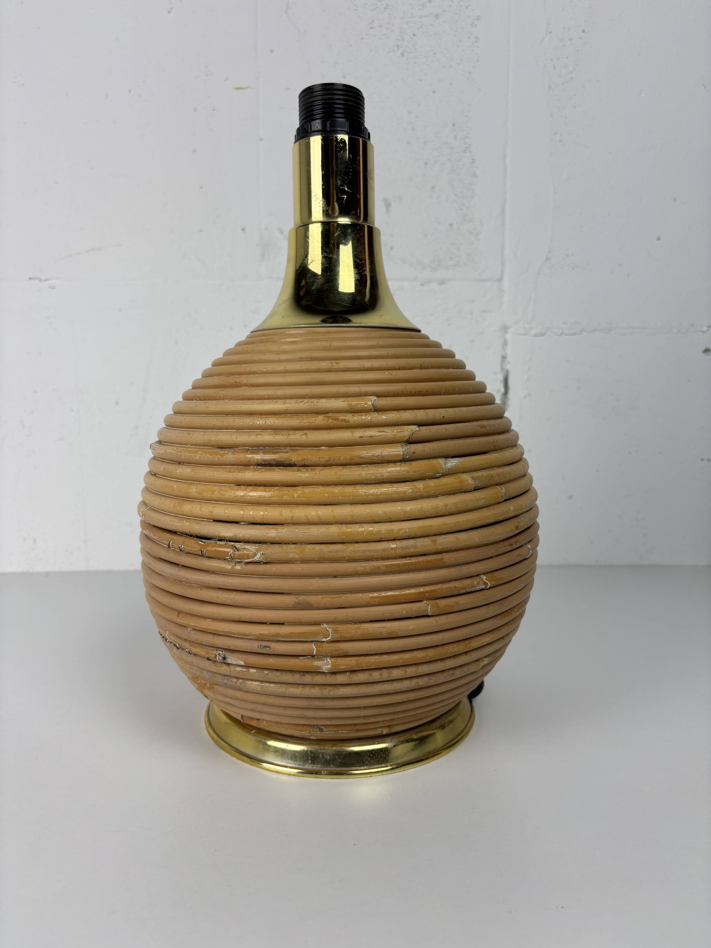 Large midcentury pencil reed rattan bamboo and brass table lamp Italy 1970s