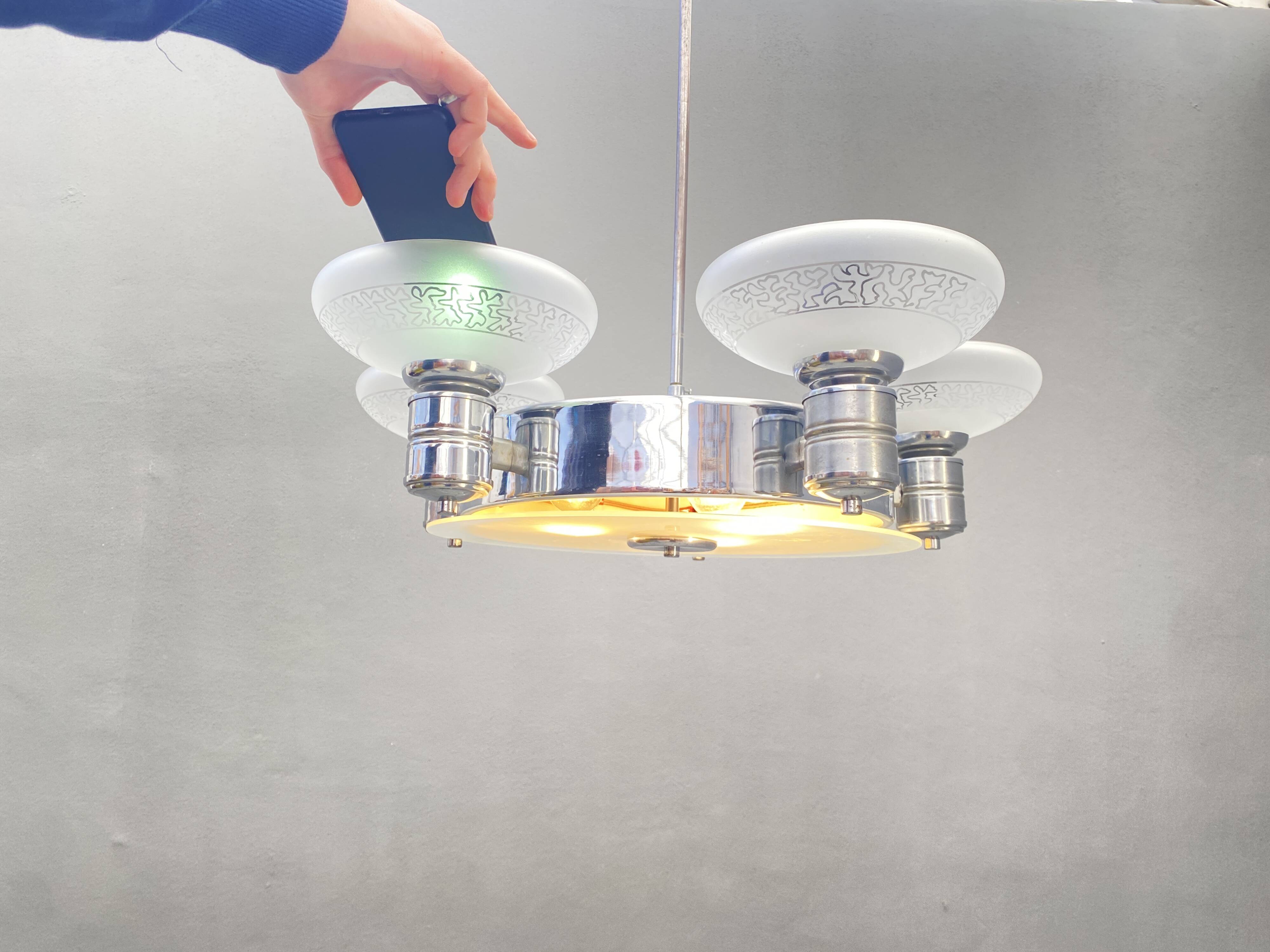Art Deco Chrome Chandelier with Glass Bowl Shades