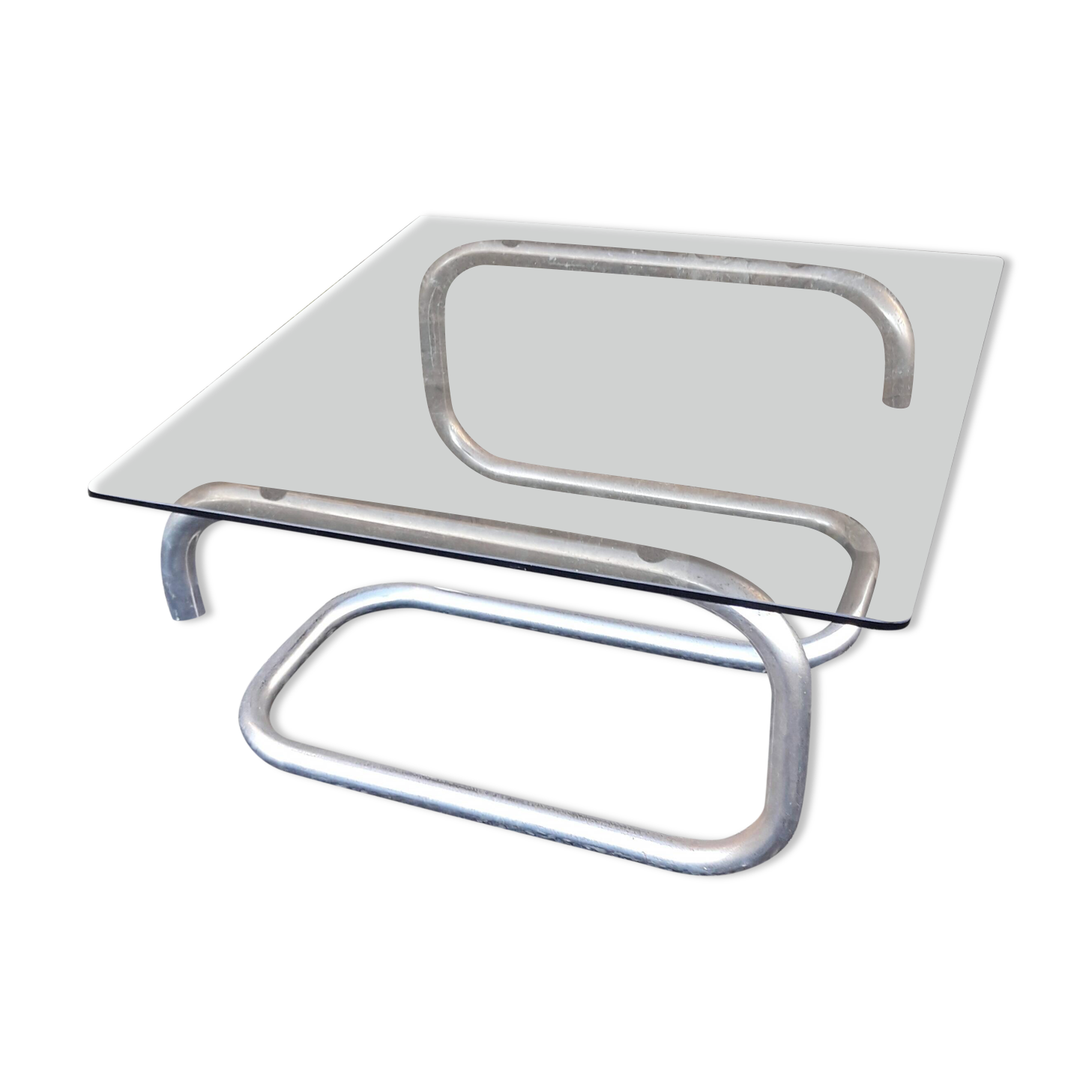 Coffee table in chrome metal and smoked glass 70's
