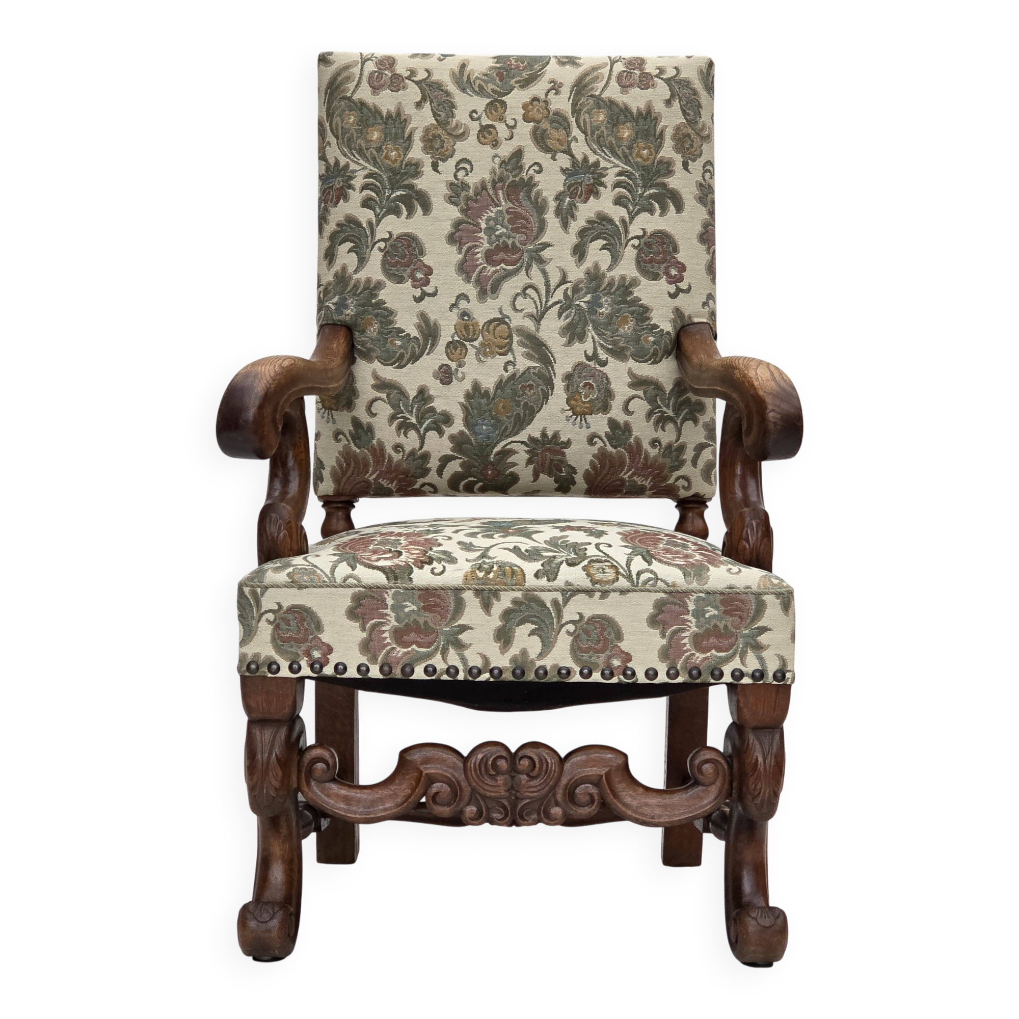 1950s, Scandinavian highback armchair, furniture fabric, oak wood.