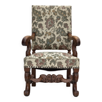 1950s, Scandinavian highback armchair, furniture fabric, oak wood.