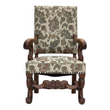1950s, Scandinavian highback armchair, furniture fabric, oak wood.