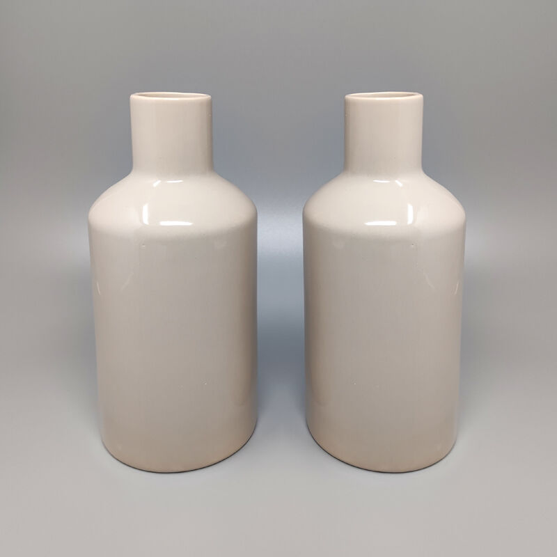 1970s Pair of Vases in Ceramic by F.lli Brambilla in Beige Color. Made in Italy