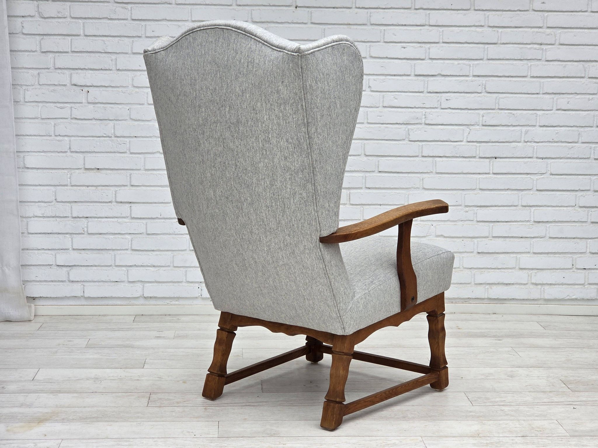 1950s, Danish high-backed armchair, reupholstered, wool, oak wood.