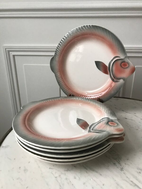 lot de 6 assiettes poisson en barbotine Digoin Sarreguemines années 50