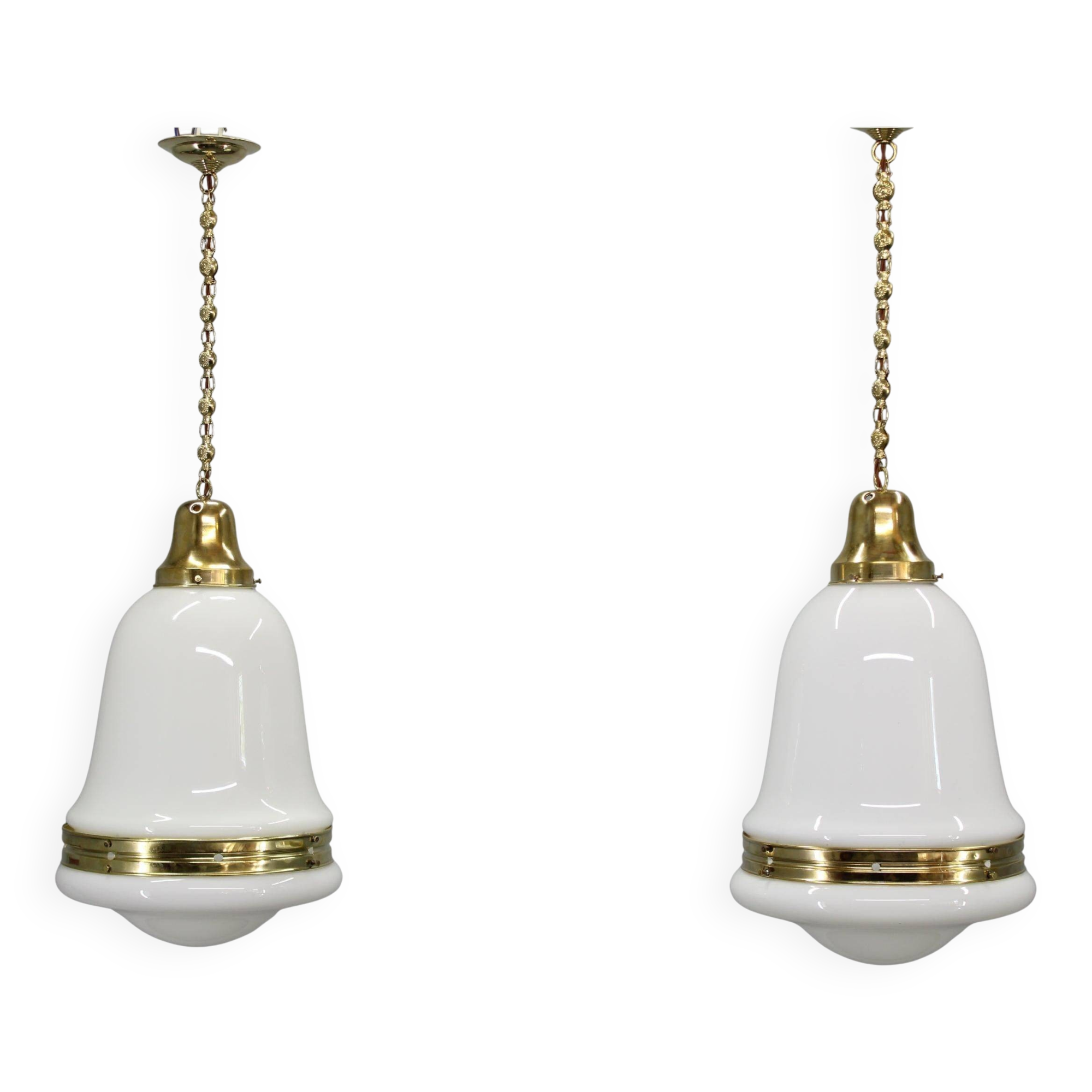 Pair of 1930s Peter Behrens Luzette pendants in opaline glass and brass