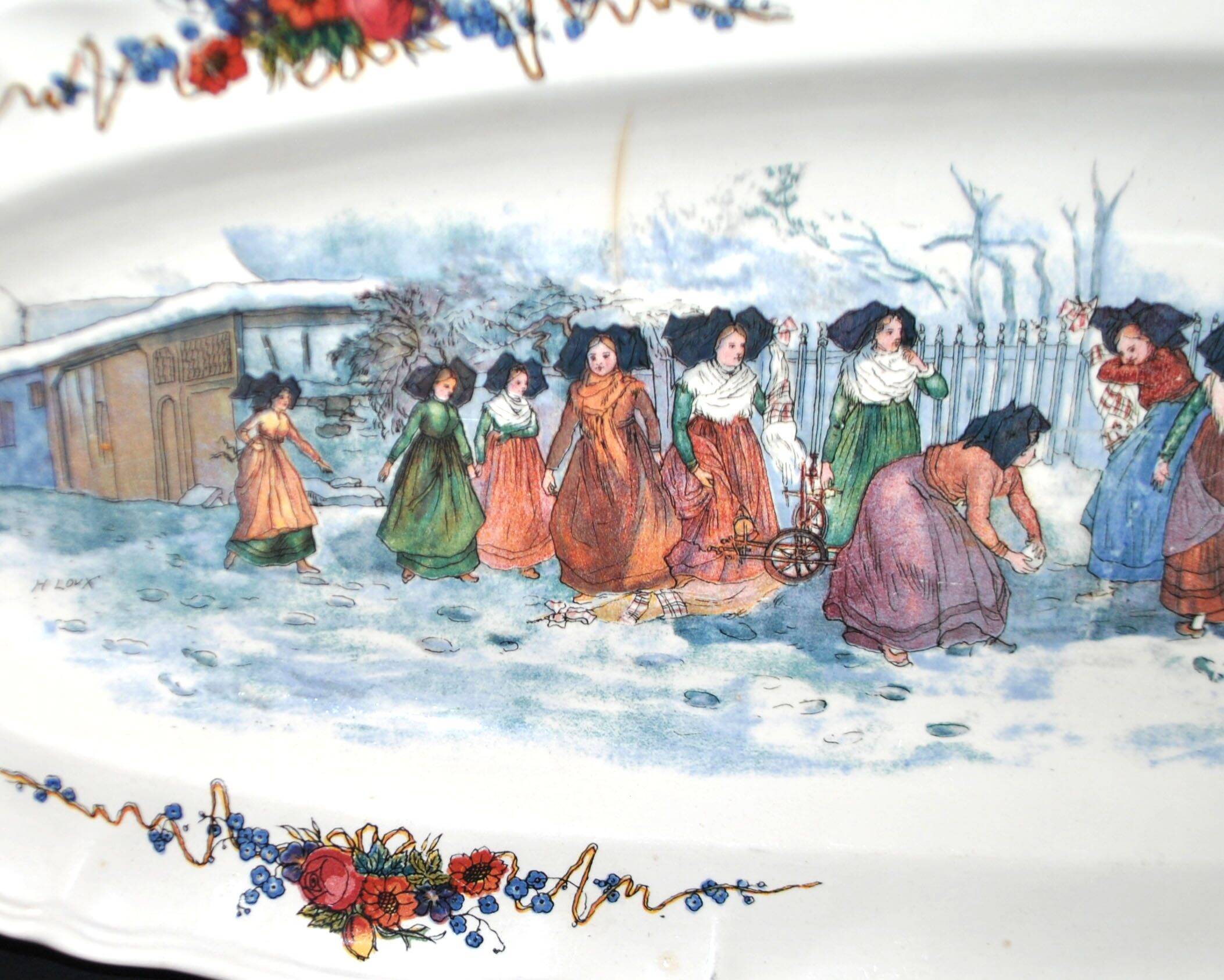 Sarreguemines large oval dish Obernai the snowball fight H. Loux