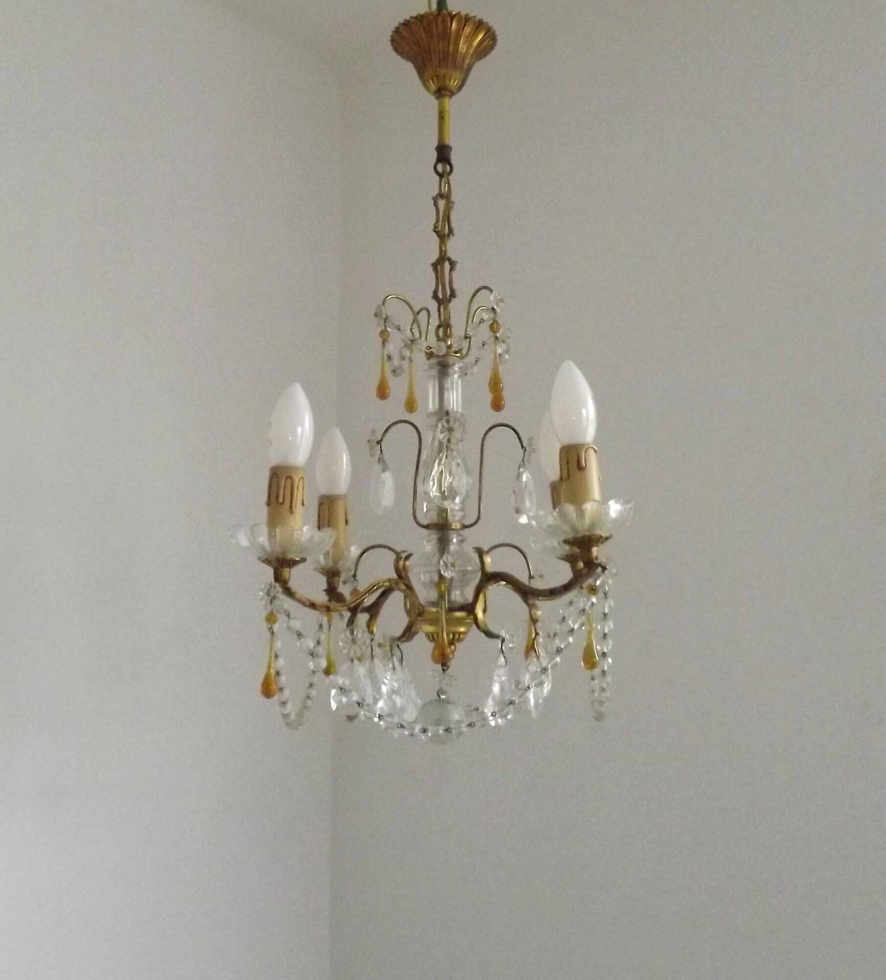 Vintage 4-Light Bronze, Glass & Crystal Chandelier with Amber Glass Drops