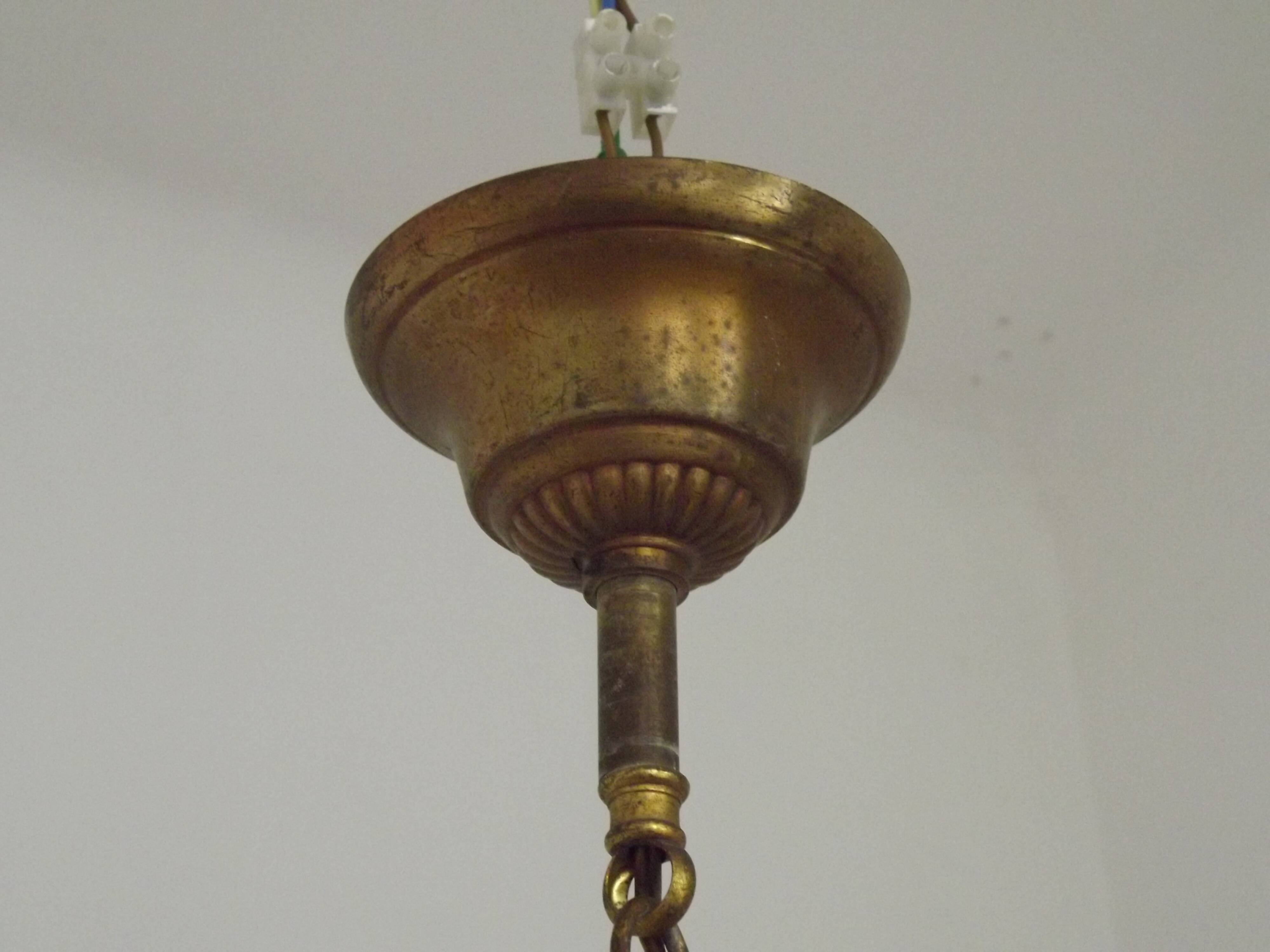 Small French Vintage Brass Single Light 4-Sided Crystal Cage Chandelier