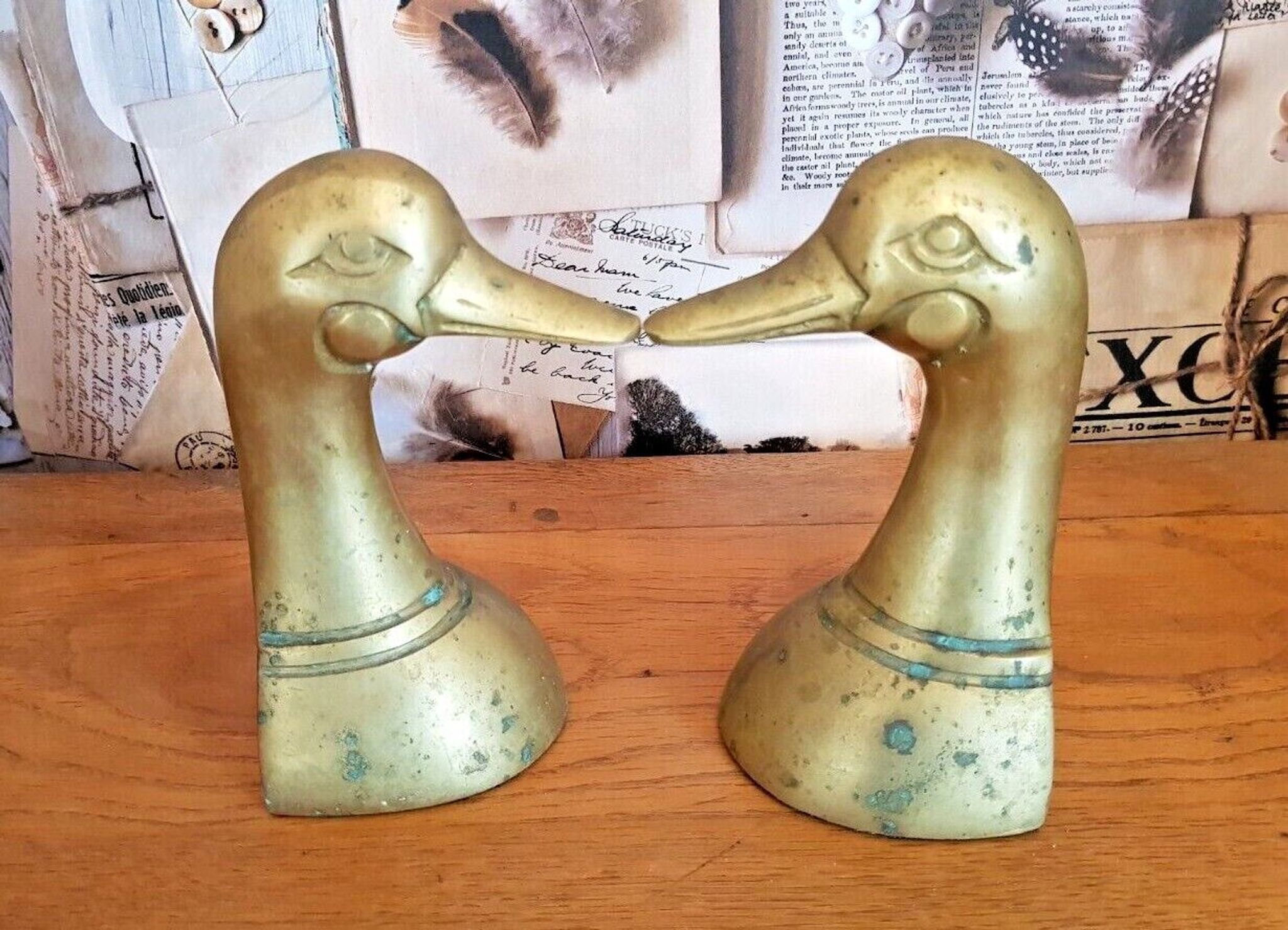 Delightful Pair of Vintage French Heavy Ornamental Brass Duck Bookends  3617