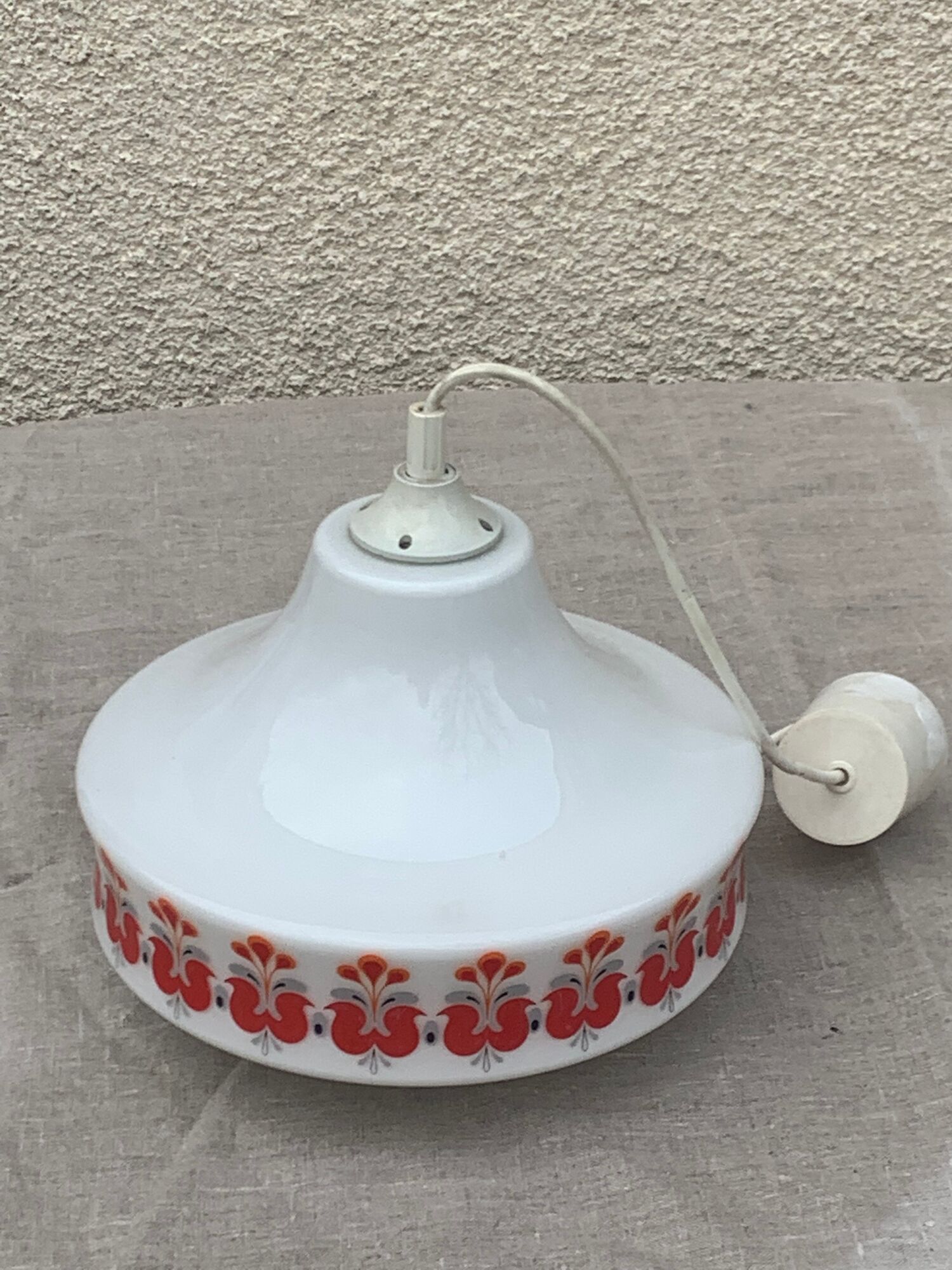Pendant lamp, white opaline globe with a vintage red design floral pattern 1970