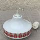 Pendant lamp, white opaline globe with a vintage red design floral pattern 1970