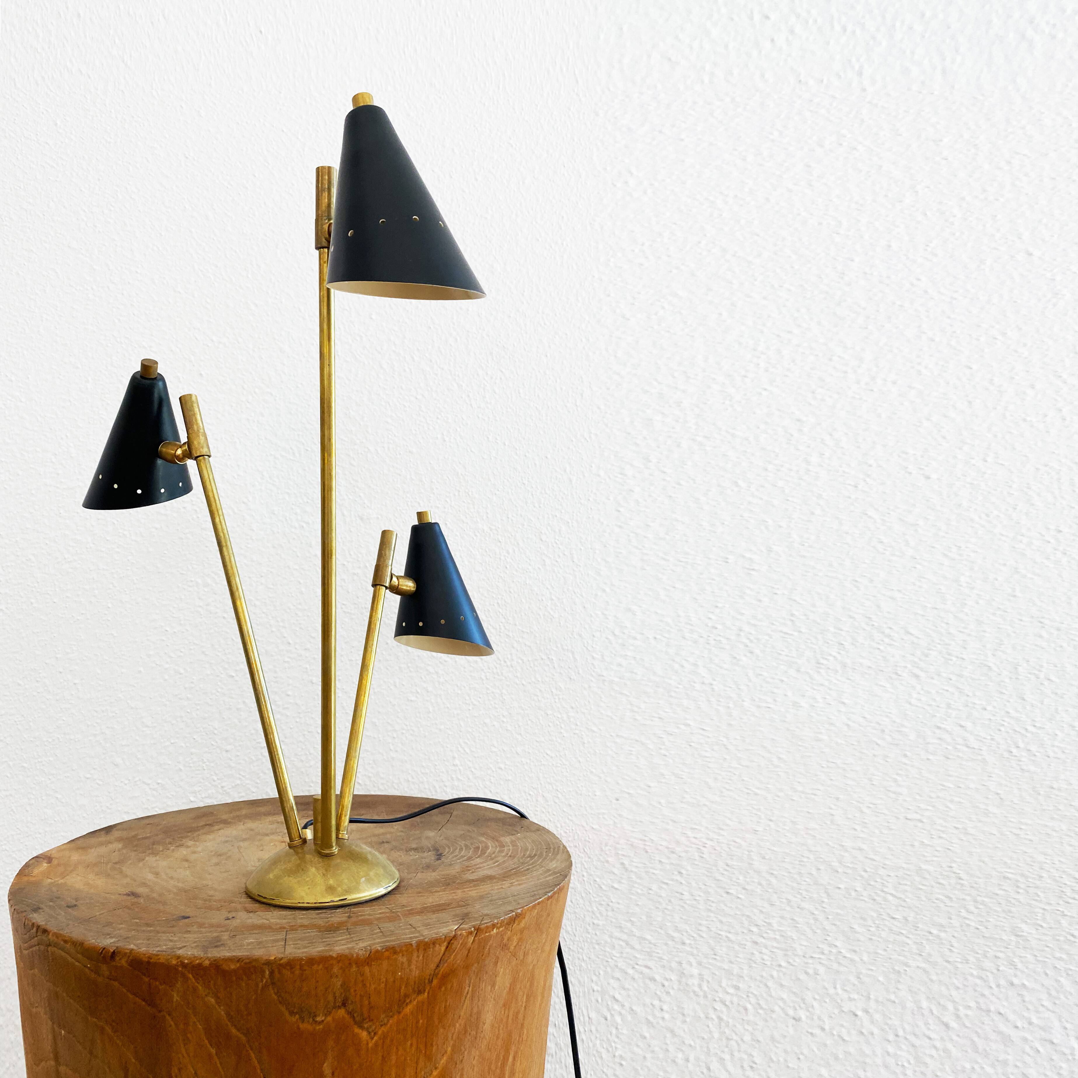 Italian three-headed brass lamp, 50s design