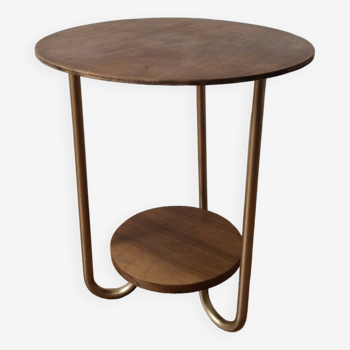 Vintage round wooden table, golden tripod legs