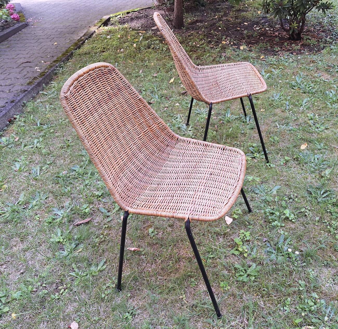 Pair of Legler rattan and iron dining / stacking chairs, Switzerland 1960s
