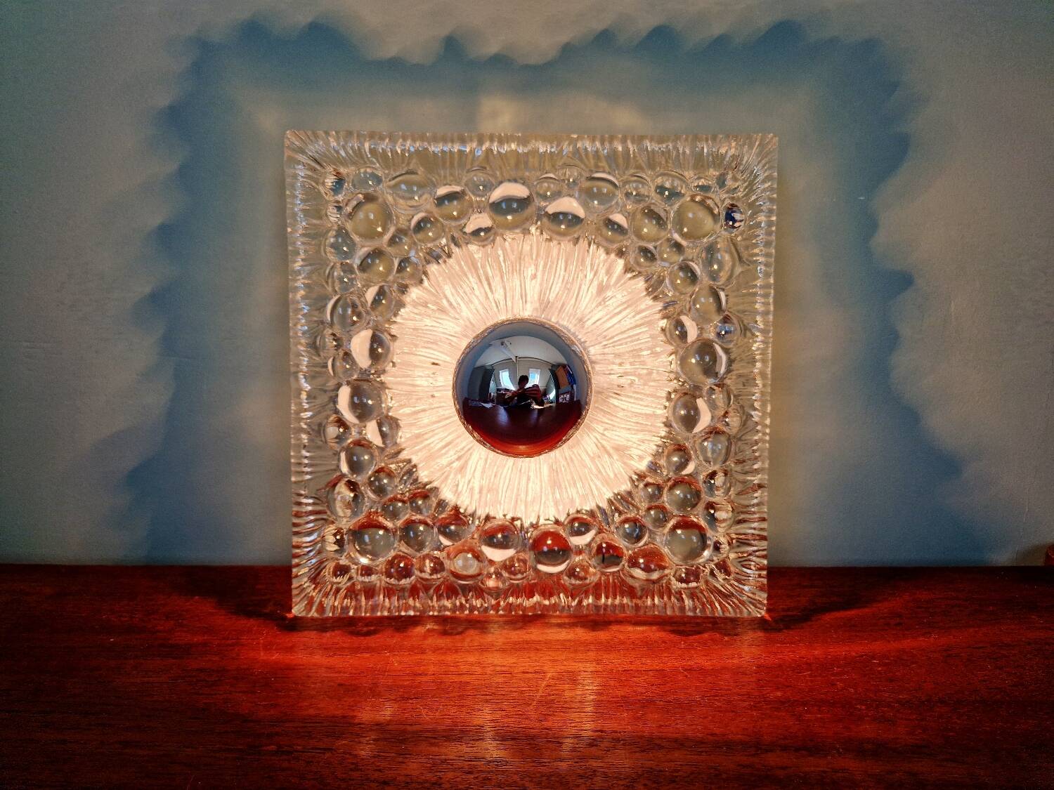 Space Age wall light in pressed transparent moulded glass, 1970.