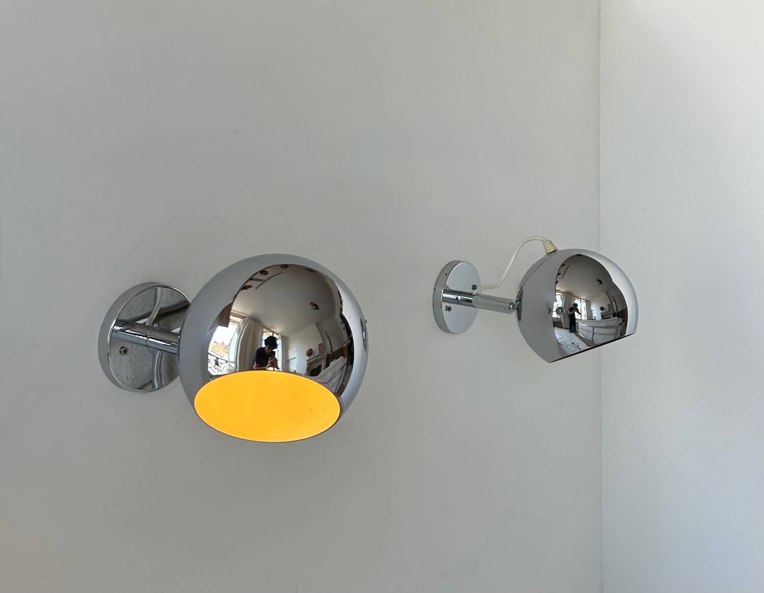 Pair of vintage chrome wall lights, adjustable, France 1960