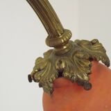 Art Nouveau three-light chandelier in bronze with orange and green glass shade, France.