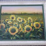 Vintage oil painting depicting a sunflower landscape