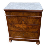Antique Louis Philippe style chest of drawers with a white marble top.
