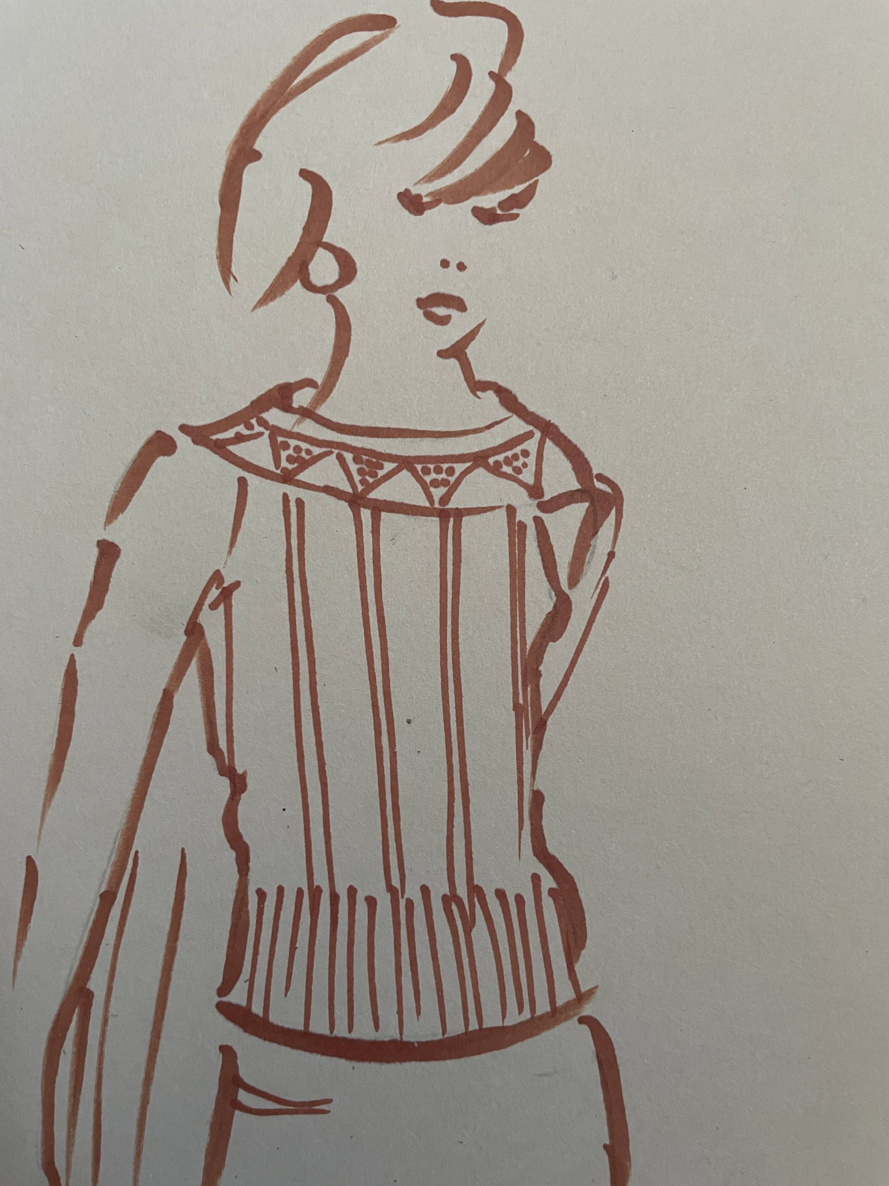 Painting signed in ink fashion engraving "study of a woman's sweater model"