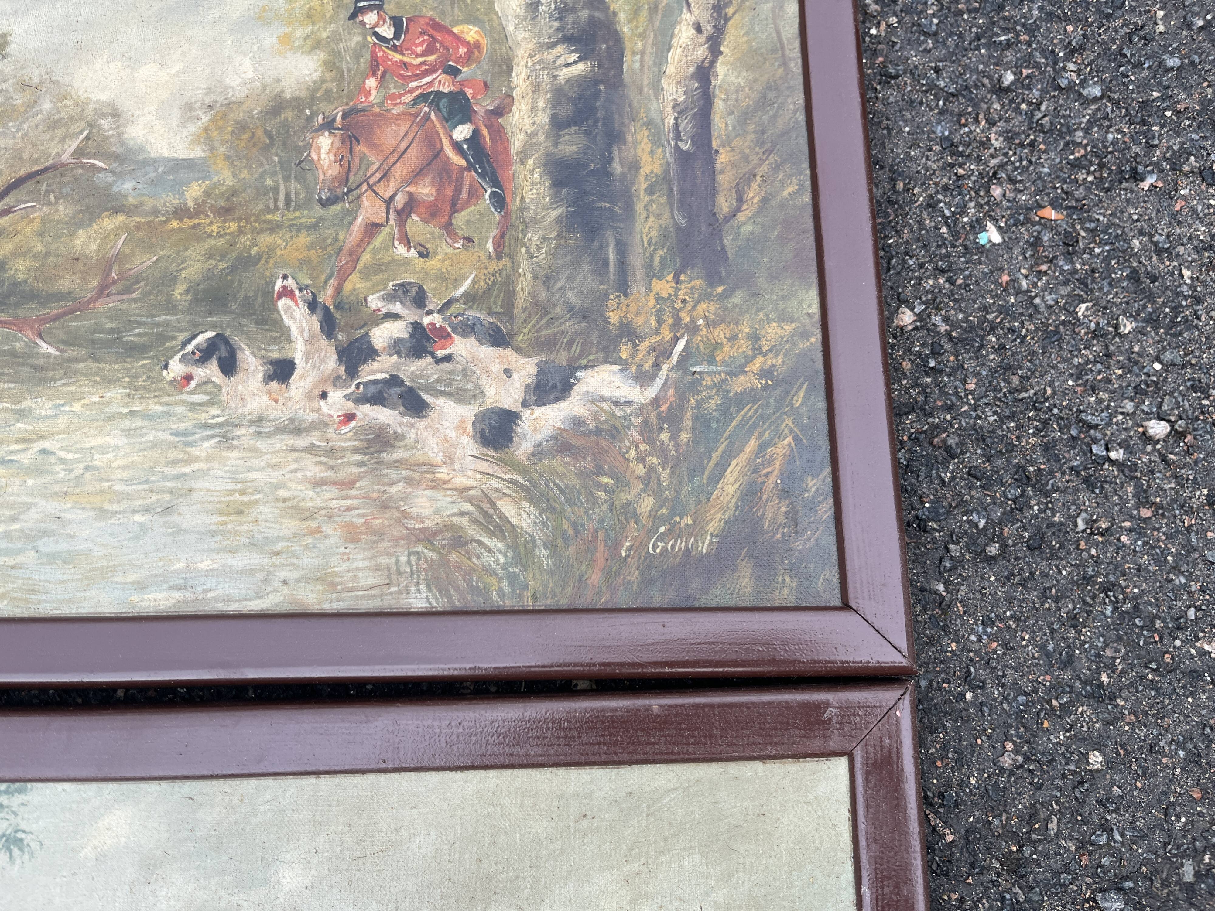Pair of oil on canvas paintings depicting hunting scenes with deer and wild boar.