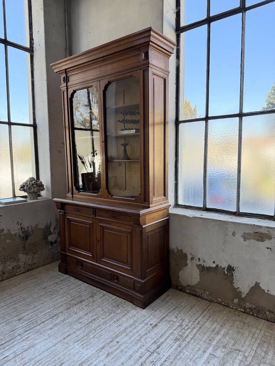 Antique XL Napoleonic oak glass bookcase, 19th century