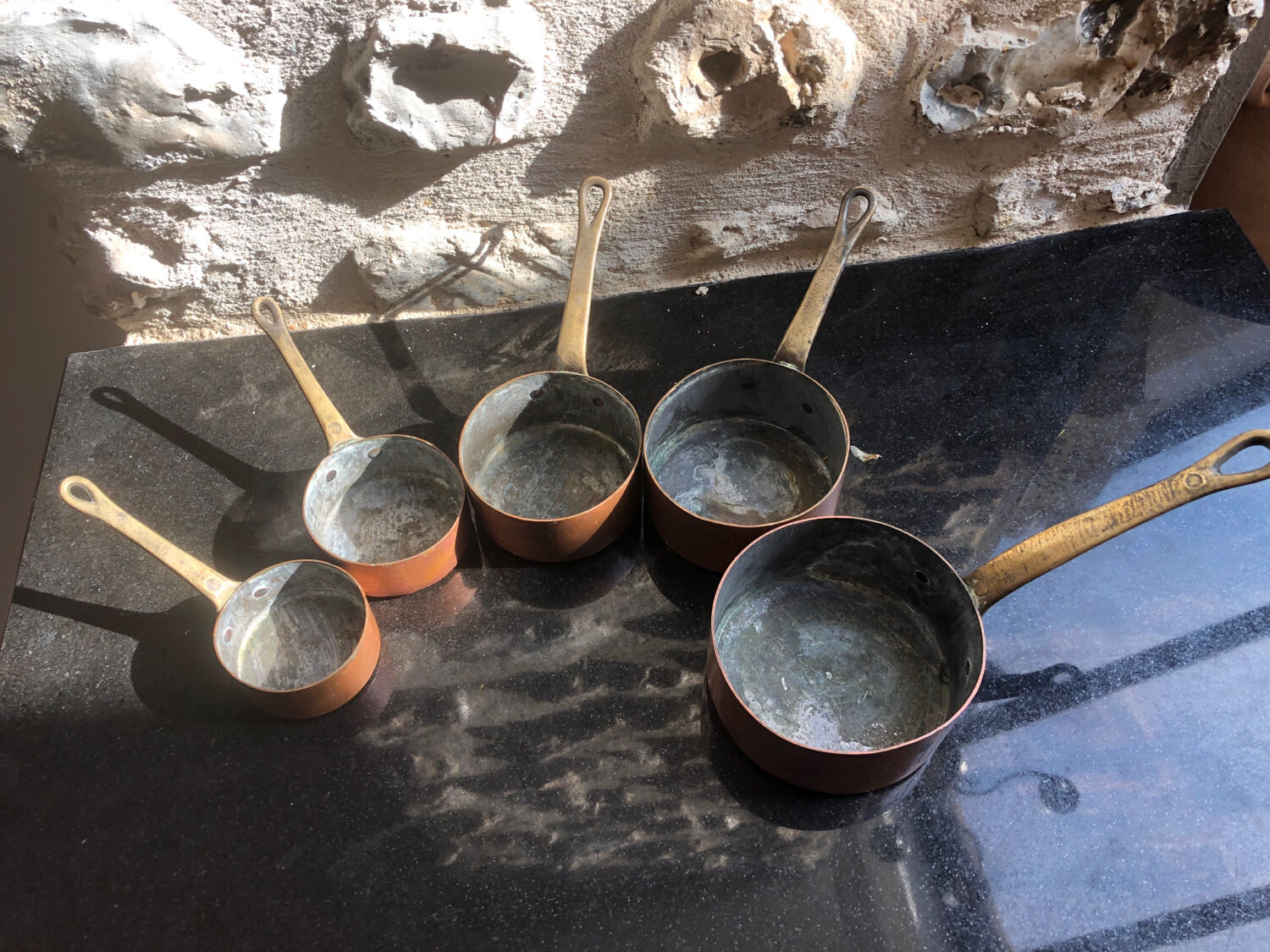 Mini battery of 5 pewter pans