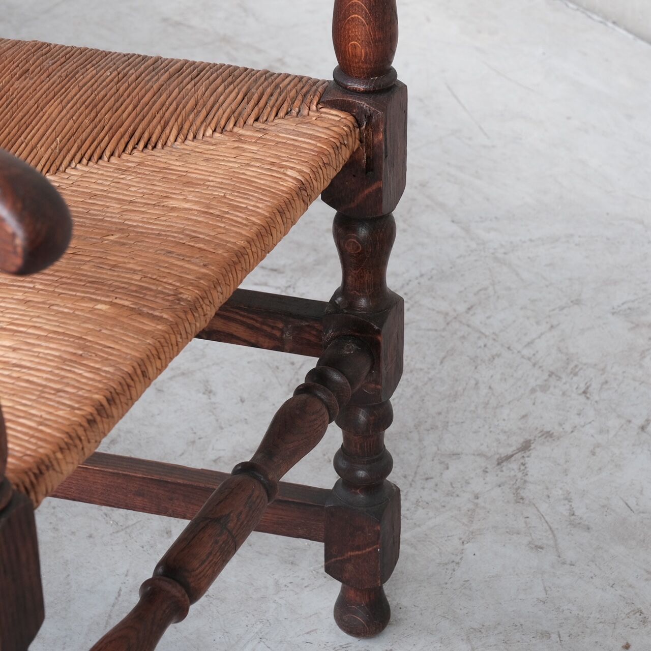 Pair of mid-century oak and rush french armchairs