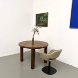 Table ronde moderniste chêne massif, piètement cylindrique pin, DLG Perrian