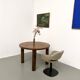 Modernist round table, solid oak, cylindrical pine base, DLG Perrian.
