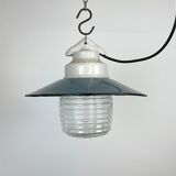 Industrial porcelain blue enamel pendant light with ribbed clear glass, 1970s