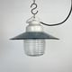 Industrial porcelain blue enamel pendant light with ribbed clear glass, 1970s