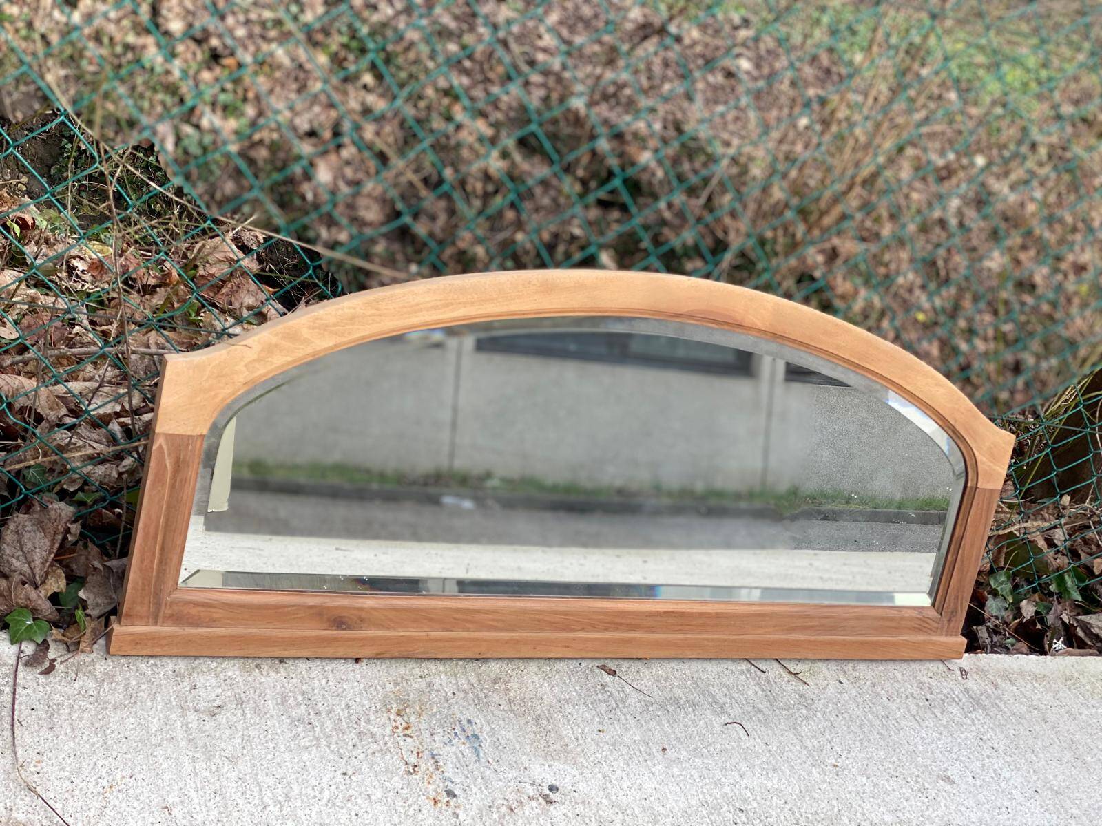 Art Deco mirror in carved arch renovated in solid raw oak wood 112cm