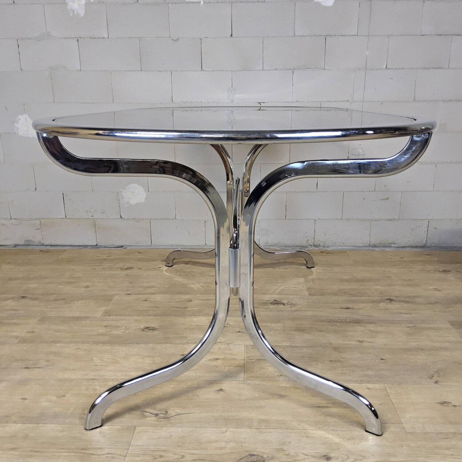 Vintage Gastone Rinaldi chrome & smoked glass dining table + chairs