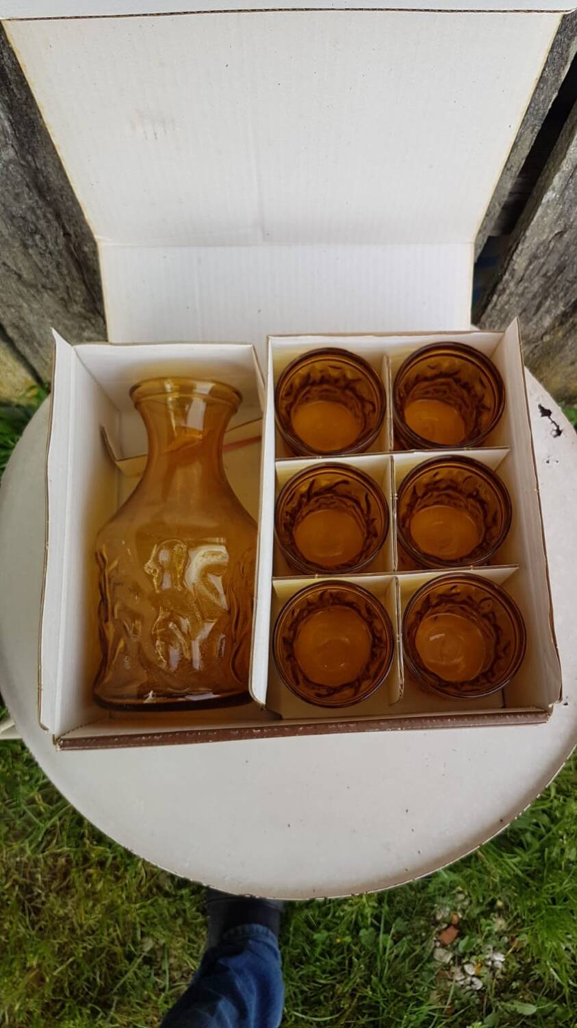 Old orangeade service bahia molded glass pitcher + 6 vintage glasses