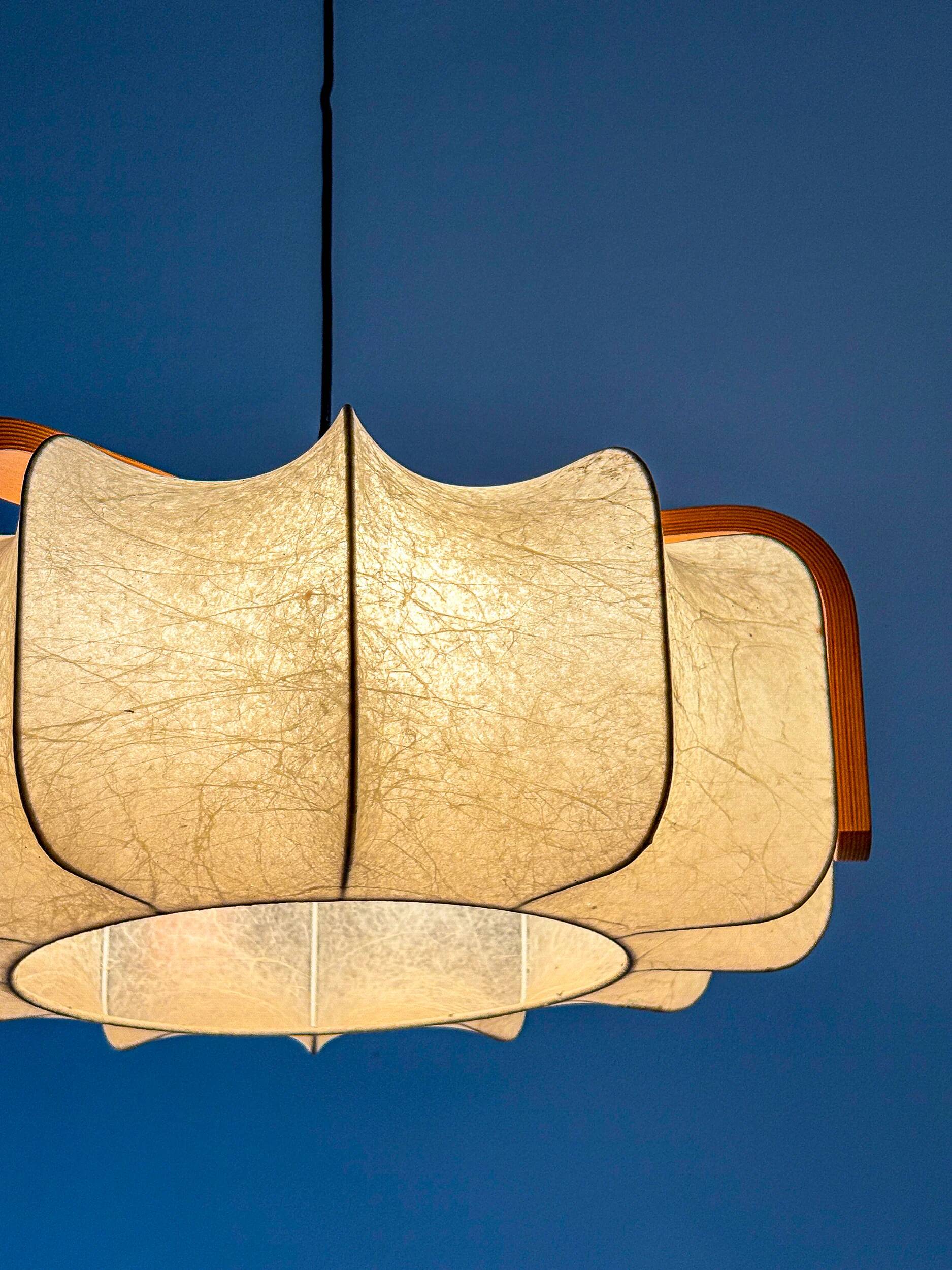 Mid-century cocoon pendant lamp, resin & pine wood, Italy, 1960s