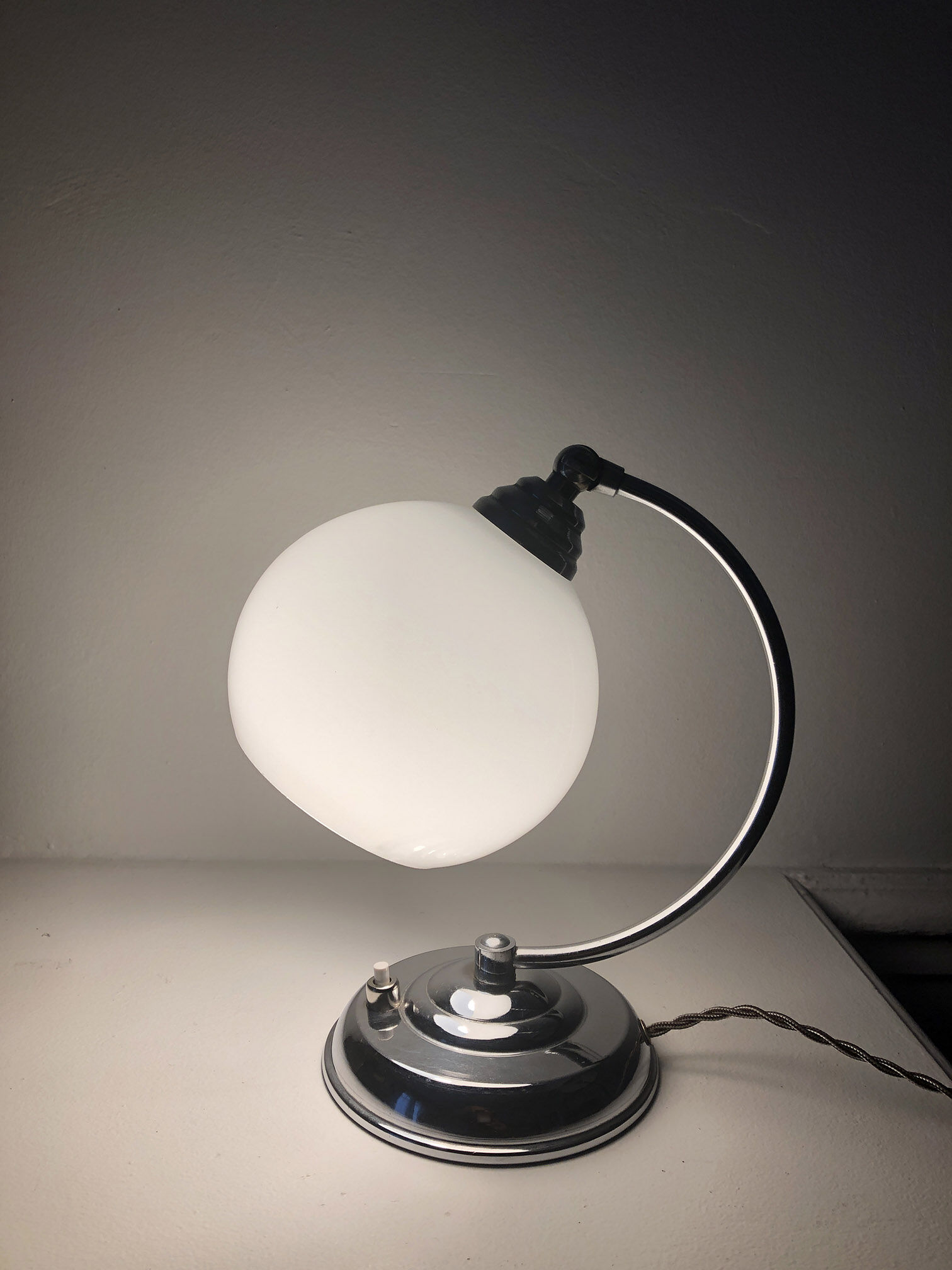 Antique articulated chrome lamp with opaline