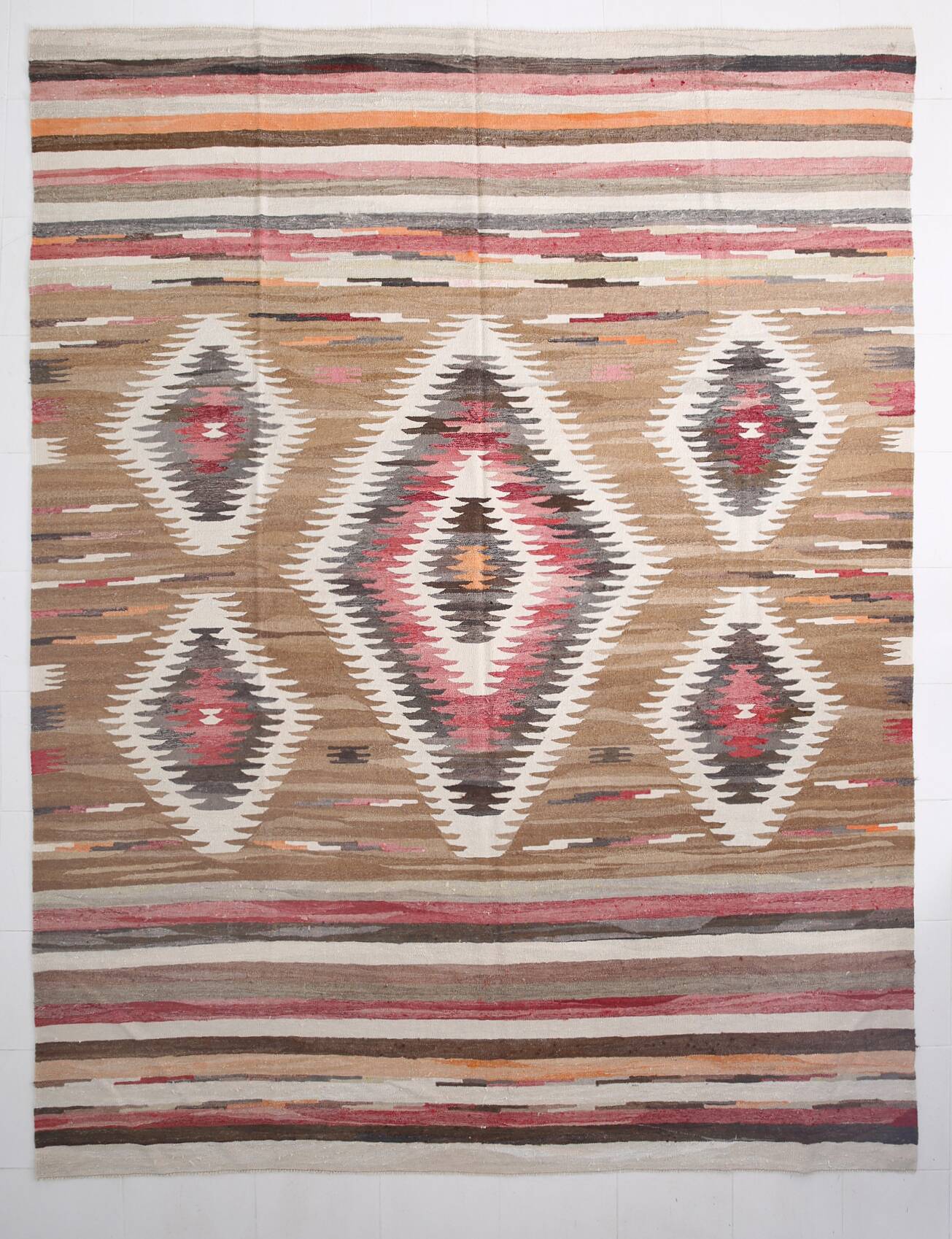 Grand Kilim Vintage Géometrique, Tons Terre & Rouge, Fait Main, 293x386 Cm